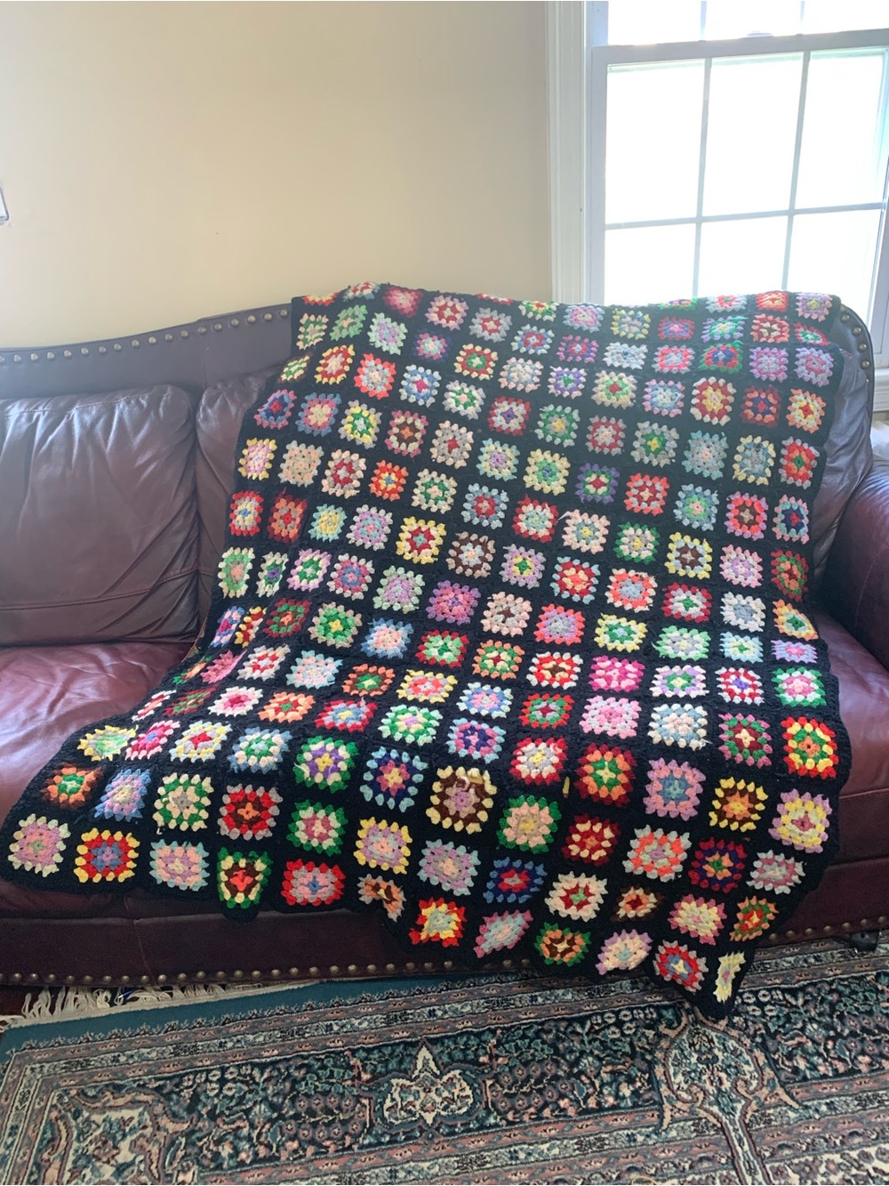 Vintage Handmade Crochet Granny Square Afghan Multi-Color Black Boho Throw 83x55